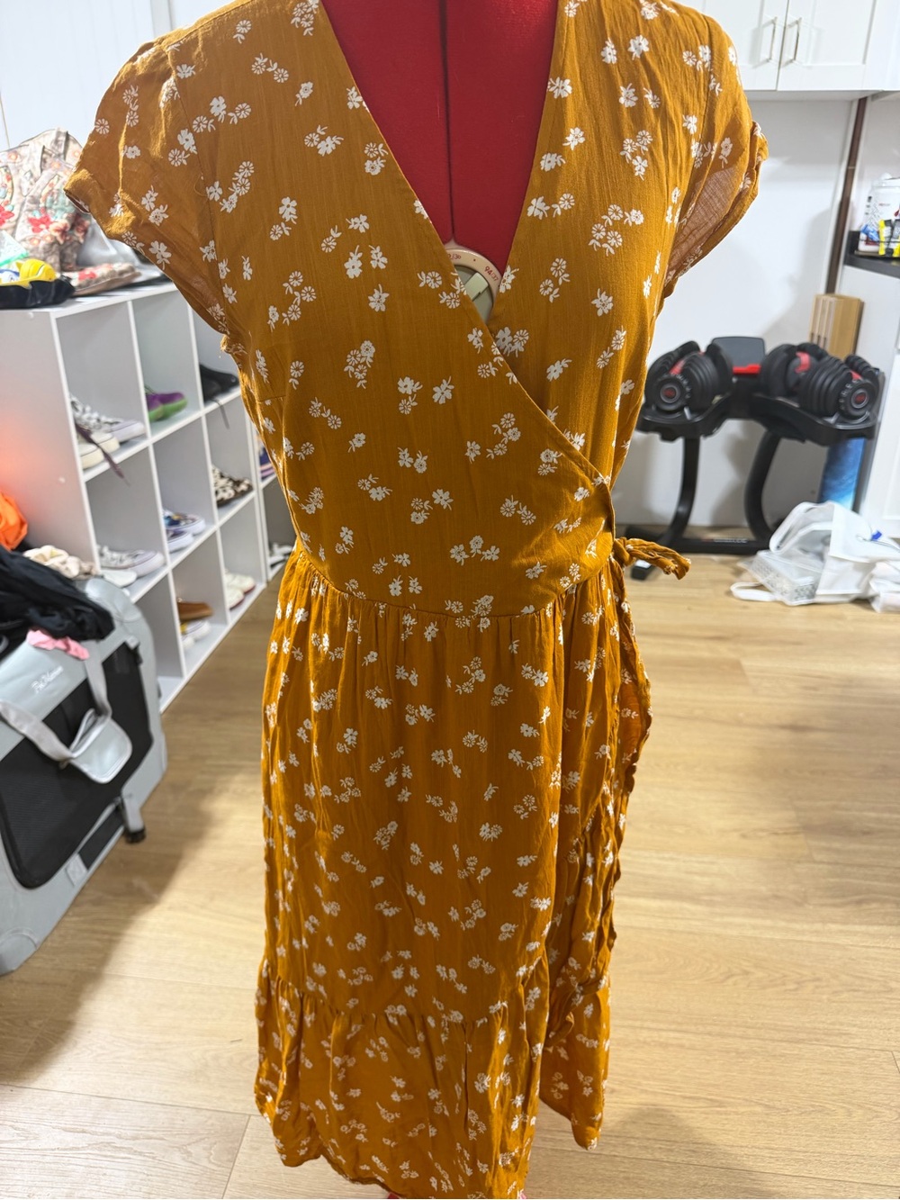 Mustard Floral Wrap Midi Dress